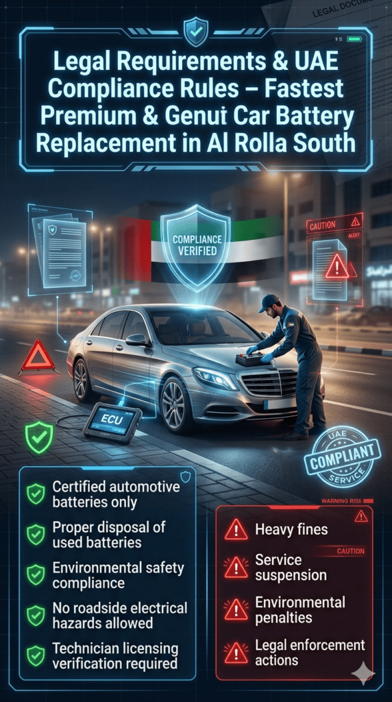 Legal Requirements & UAE Compliance Rules – Car Battery Replacement in Al Rolla South UAE automotive compliance infographic showing legal rules and violation penalties for car battery replacement in Al Rolla South including safety, environmental protection, and technician licensing requirements.