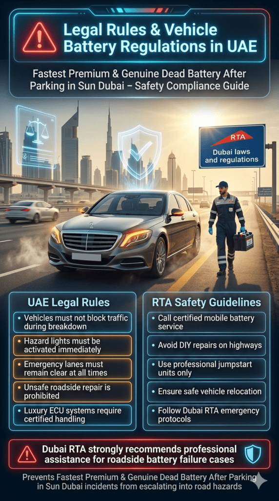 UAE road safety infographic showing legal rules for car battery breakdowns in Dubai including hazard lights, emergency lane rules, and certified technician requirements in extreme heat conditions