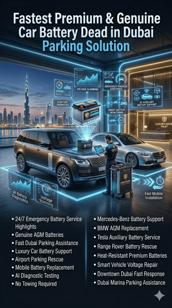 Luxury Dubai car battery dead in parking solution infographic showing mobile technician replacing car battery on-site with emergency service van, luxury BMW-style vehicle, Dubai underground parking, and step-by-step roadside battery replacement guide with premium automotive branding.