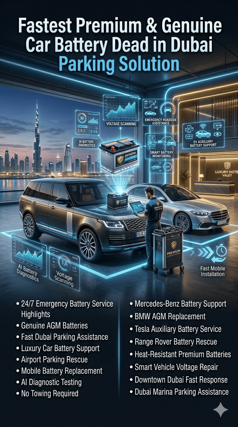 Luxury Dubai car battery dead in parking solution infographic showing mobile technician replacing car battery on-site with emergency service van, luxury BMW-style vehicle, Dubai underground parking, and step-by-step roadside battery replacement guide with premium automotive branding.