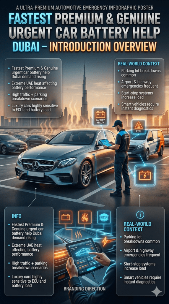 Urgent car battery help Dubai infographic showing luxury vehicle breakdown in parking lot with roadside assistance technician, battery failure warning, ECU alert, and heat impact in UAE conditions.