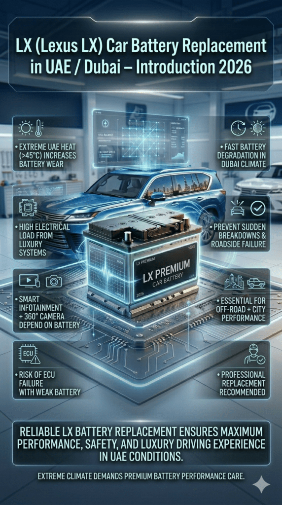 Luxury Lexus LX SUV battery replacement infographic showing UAE heat impact, Dubai skyline background, and service points in a premium automotive design.
