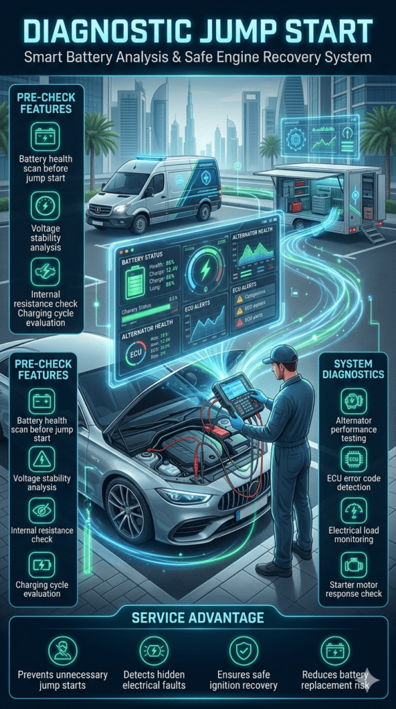 High-tech automotive infographic showing diagnostic jump start service with a technician using a digital scanner connected to a car, holographic display showing battery health, alternator testing, and ECU error detection in a futuristic roadside assistance environment.
