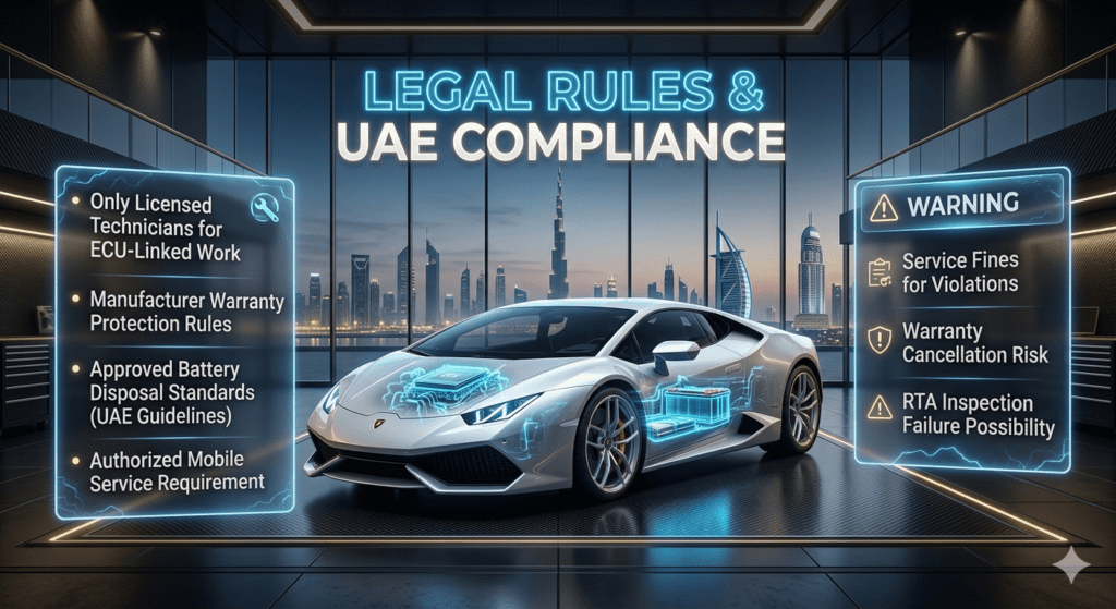 Luxury infographic showing Lamborghini Huracán battery system with UAE compliance rules, legal warnings, and service regulations displayed in a futuristic Dubai-themed automotive workshop design.