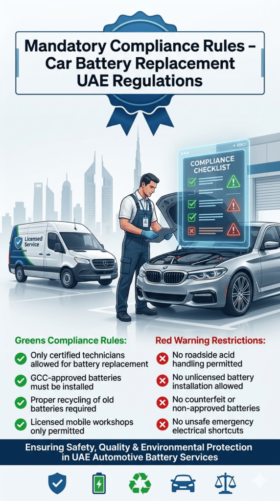 UAE automotive compliance infographic showing mandatory rules for car battery replacement with certified technicians, GCC-approved batteries, recycling requirements, and licensed workshop regulations in Dubai.