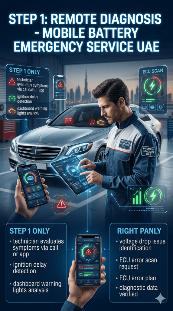 Step 1: Remote Diagnosis – Mobile Battery Emergency Service UAE Premium automotive infographic showing remote car battery diagnosis process with technician using app and diagnostic alerts displayed on both sides in structured format.