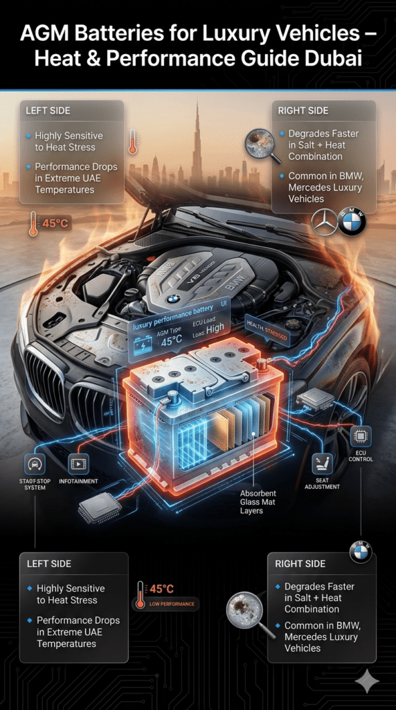 Premium infographic showing AGM batteries in luxury cars in Dubai, highlighting heat sensitivity, salt corrosion impact, and BMW Mercedes usage in extreme UAE conditions.