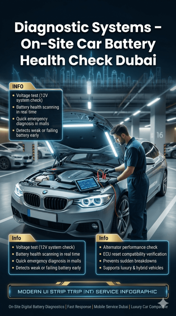 Mobile mechanic performing digital car battery diagnostics in Dubai shopping mall parking using advanced scanner connected to luxury vehicle battery.