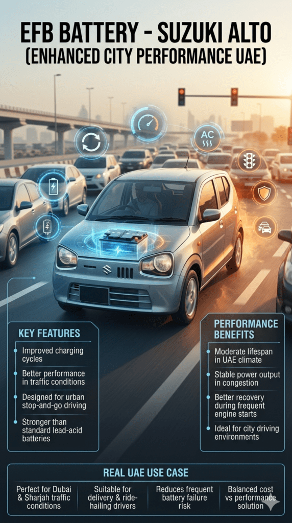 Suzuki Alto EFB battery infographic showing enhanced flooded battery technology, improved charging cycles, traffic performance, and moderate lifespan in UAE Dubai stop-and-go driving conditions.