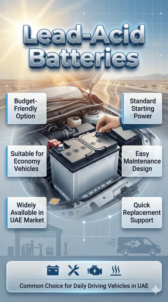 Lead-acid car battery infographic showing economy vehicle battery type in UAE with budget-friendly features, easy installation, and high availability for Toyota and Nissan cars.