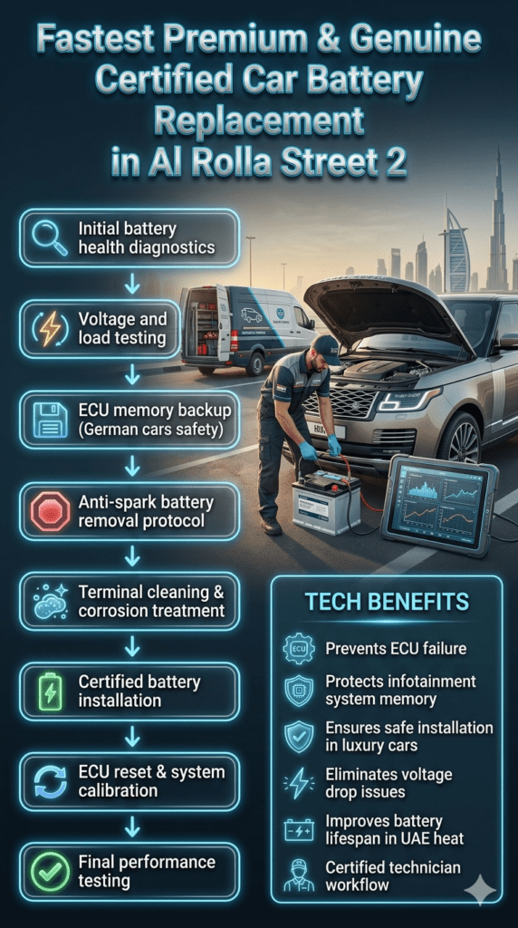 Ultra-realistic infographic showing step-by-step car battery replacement process in Al Rolla Street 2 with a luxury mechanic installing a battery in a premium SUV, surrounded by diagnostic and installation workflow steps in a modern UAE roadside service environment.