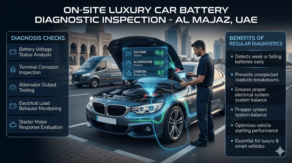 Automotive on-site battery diagnosis infographic showing technicians checking voltage, corrosion, alternator output, electrical load, and starter motor response in a luxury mobile service setup in Al Majaz.