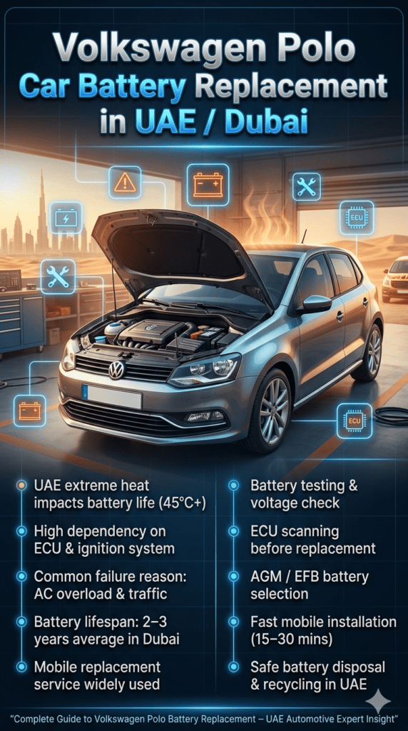 Volkswagen Polo car battery replacement guide in UAE showing central car with open hood battery, side panels explaining battery issues, heat impact, ECU system, pricing, and mobile service in Dubai automotive environment.