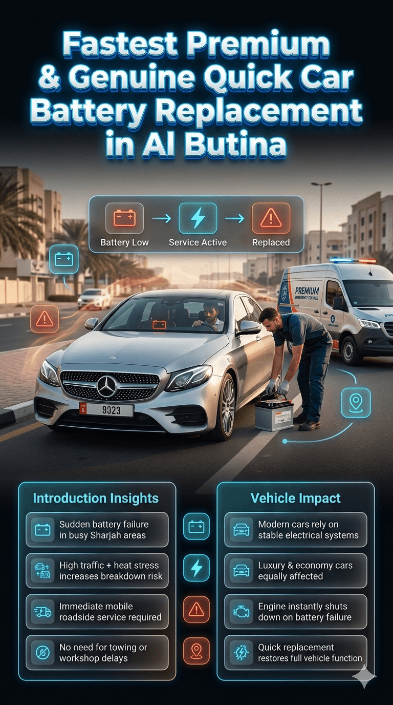 Luxury roadside car battery replacement service in Al Butina Sharjah showing emergency technician replacing battery in a premium vehicle with digital UI overlays explaining sudden battery failure and instant mobile service response.