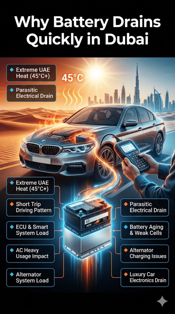 Premium automotive infographic showing reasons for fast car battery drain in Dubai, featuring luxury car, extreme heat effects, ECU load, and battery failure factors in a modern diagnostic design layout.