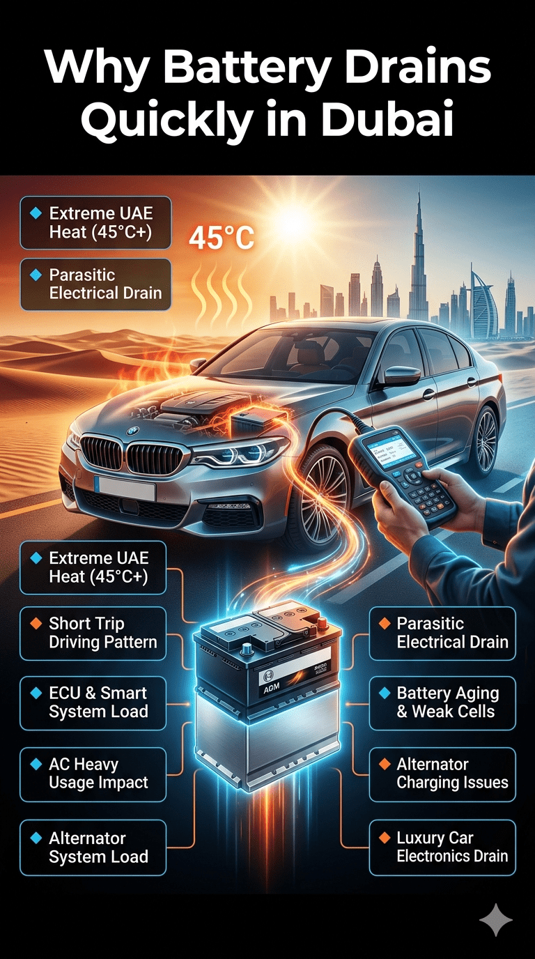 Premium automotive infographic showing reasons for fast car battery drain in Dubai, featuring luxury car, extreme heat effects, ECU load, and battery failure factors in a modern diagnostic design layout.