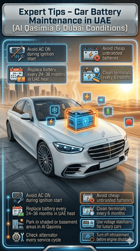 Infographic showing expert car battery maintenance tips for UAE conditions including heat protection, charging habits, and service recommendations.