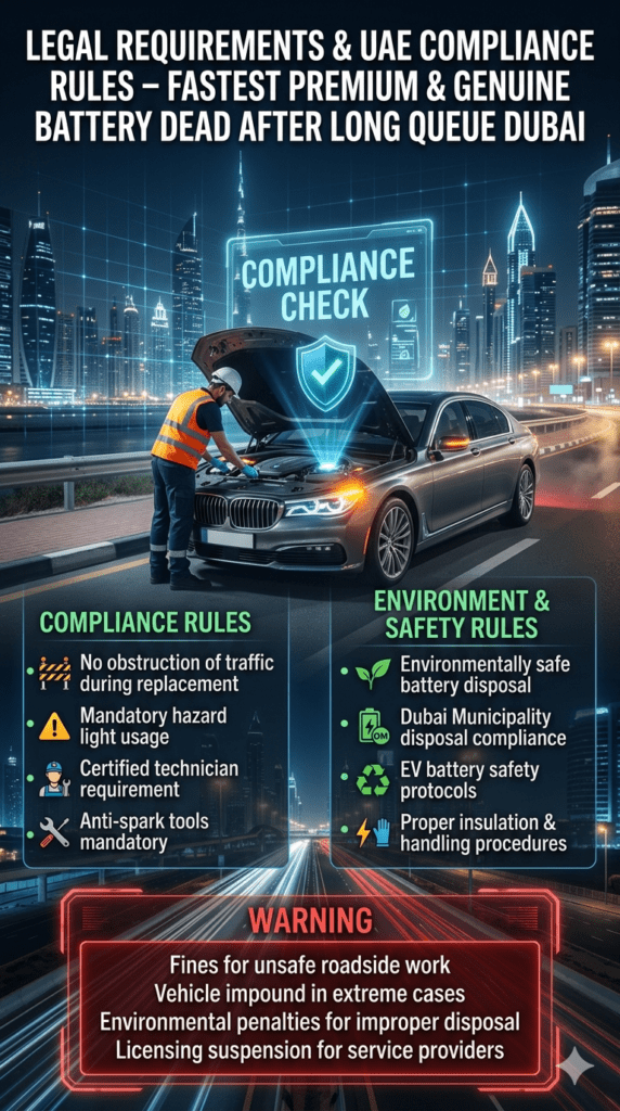 Futuristic infographic showing UAE legal requirements for car battery roadside services including safety rules, environmental compliance, certified technicians, and violation penalties with Dubai smart city background.