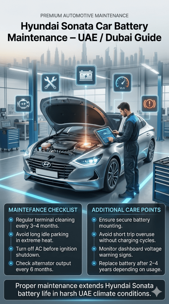 Automotive maintenance infographic showing Hyundai Sonata car battery care guide in UAE, with workshop diagnostics, checklist tips, and battery health monitoring advice.