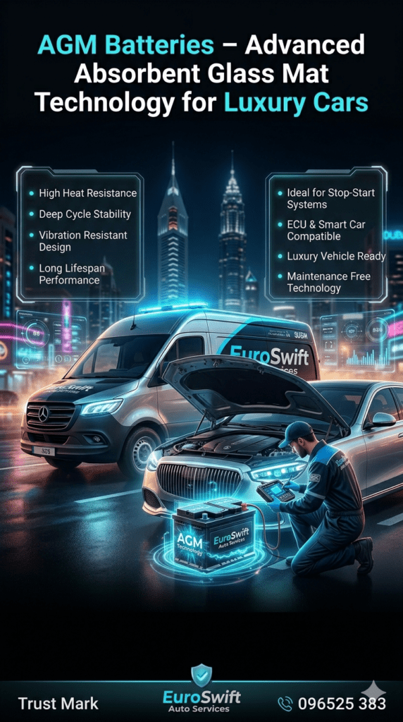 AGM Batteries – Premium High-Performance Battery Technology for Luxury Vehicles in Dubai AGM battery installation guide showing luxury car with advanced absorbent glass mat battery technology, ECU-compatible system, and high heat resistance automotive solution in Dubai service environment.
