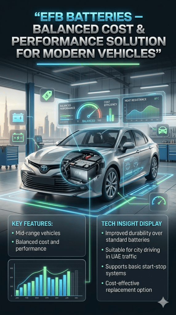 EFB battery infographic showing mid-range vehicle compatibility with balanced cost and performance in Dubai automotive workshop environment.