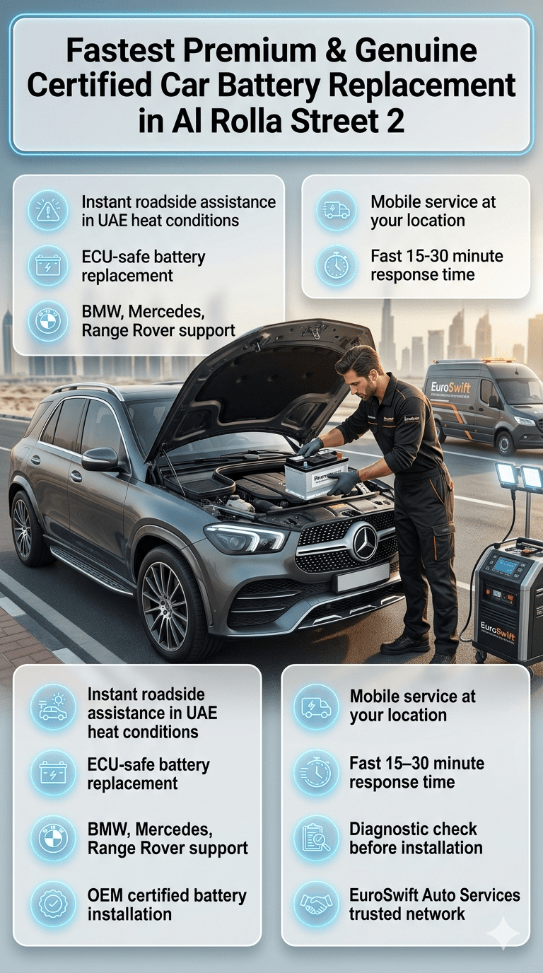 Luxury roadside car battery replacement service in Al Rolla Street 2 showing mobile mechanic installing a premium battery in a BMW-style SUV with infographic points highlighting fast UAE emergency service, ECU-safe installation, and certified automotive support.
