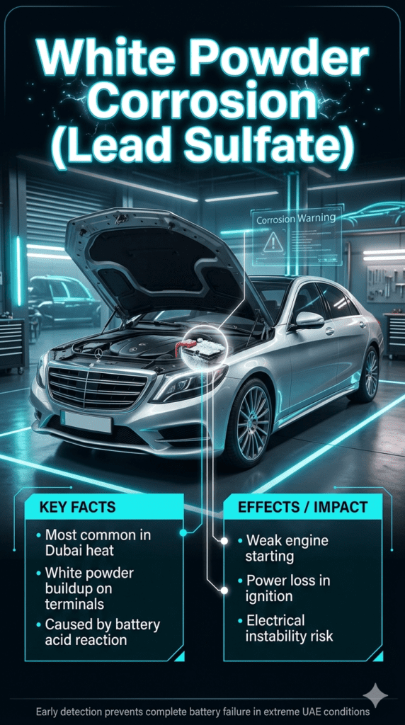 Luxury car battery infographic showing white powder corrosion on terminals caused by Dubai heat with futuristic UI panels explaining symptoms and effects.