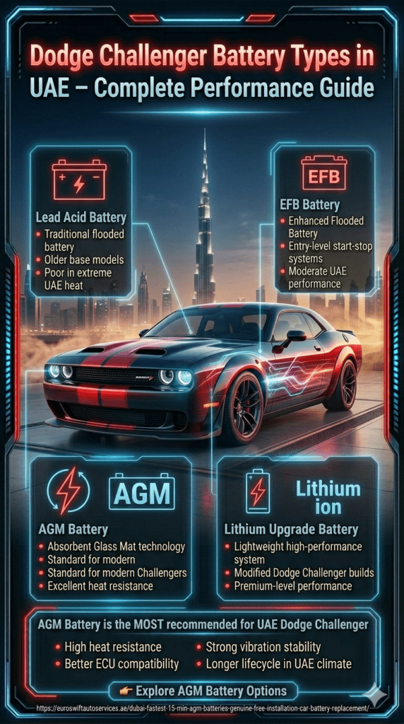 Futuristic infographic showing Dodge Challenger in Dubai with battery type comparison panels including Lead Acid, AGM, EFB, and Lithium batteries, highlighting AGM as the most recommended option for UAE heat conditions and performance stability.