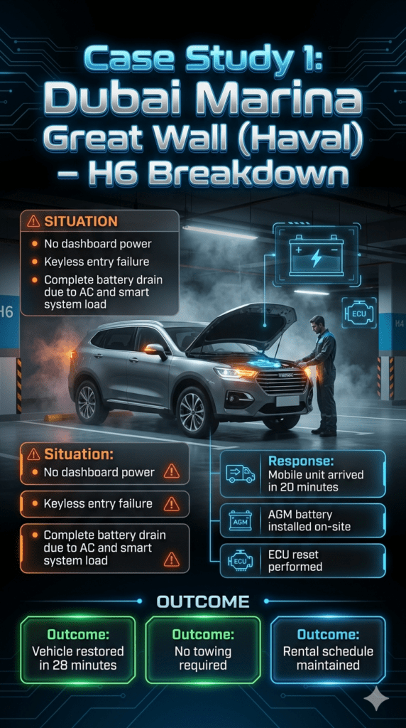 Premium infographic showing a Great Wall Haval H6 battery breakdown case study in Dubai Marina basement parking with emergency roadside battery replacement and futuristic automotive design.