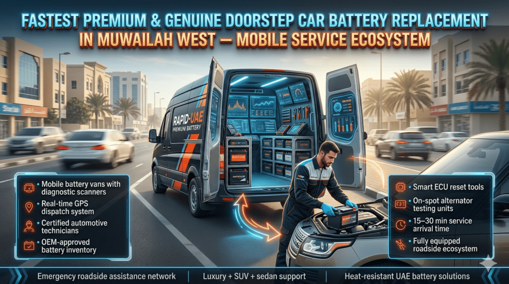 Mobile car battery replacement ecosystem in Muwailah West showing mobile service vans, certified technicians, GPS dispatch system, ECU diagnostic tools, and rapid roadside battery installation service.