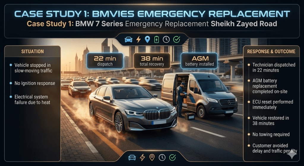Luxury automotive case study showing BMW 7 Series breakdown on Sheikh Zayed Road with emergency mobile battery replacement service and fast recovery process in Dubai.