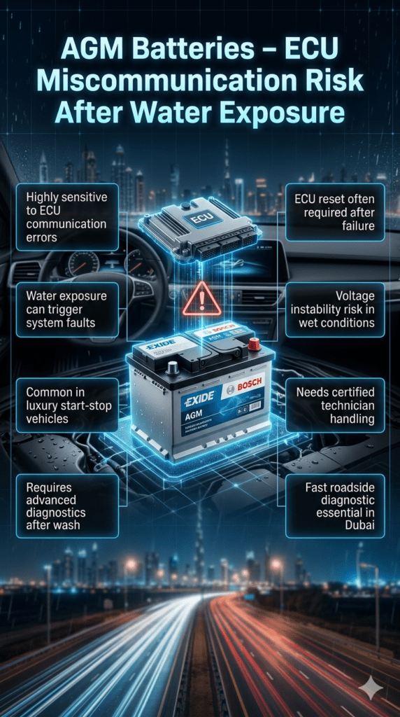 AGM battery infographic showing ECU miscommunication risk after water exposure in luxury vehicles, highlighting automotive electrical failure and diagnostic repair in Dubai.