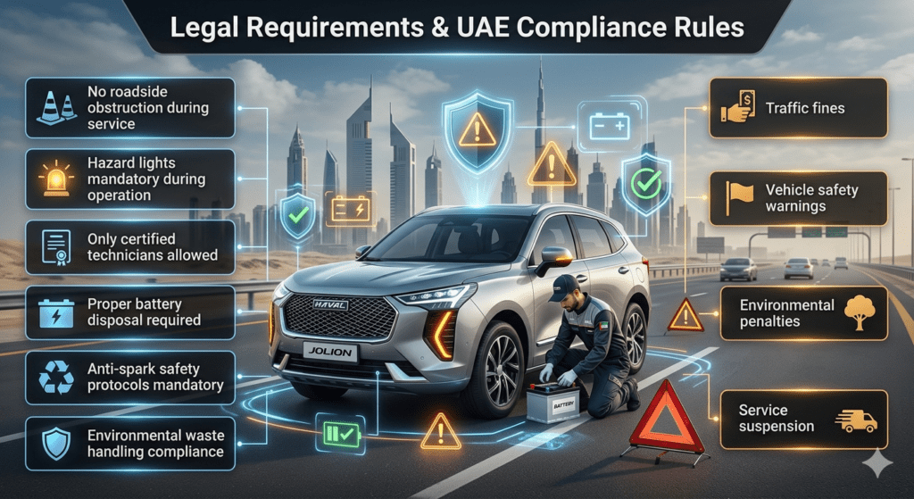 Haval Jolion Car Battery Replacement in UAE Dubai legal compliance infographic showing certified technician safety rules, hazard lights, roadside regulations, and environmental disposal requirements.