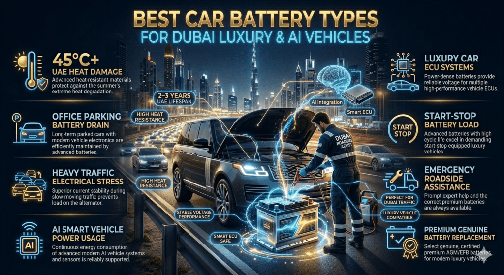 Premium AGM battery infographic for Dubai luxury vehicles, BMW Mercedes AI smart car battery comparison chart, UAE heat-resistant battery types with futuristic automotive visuals.