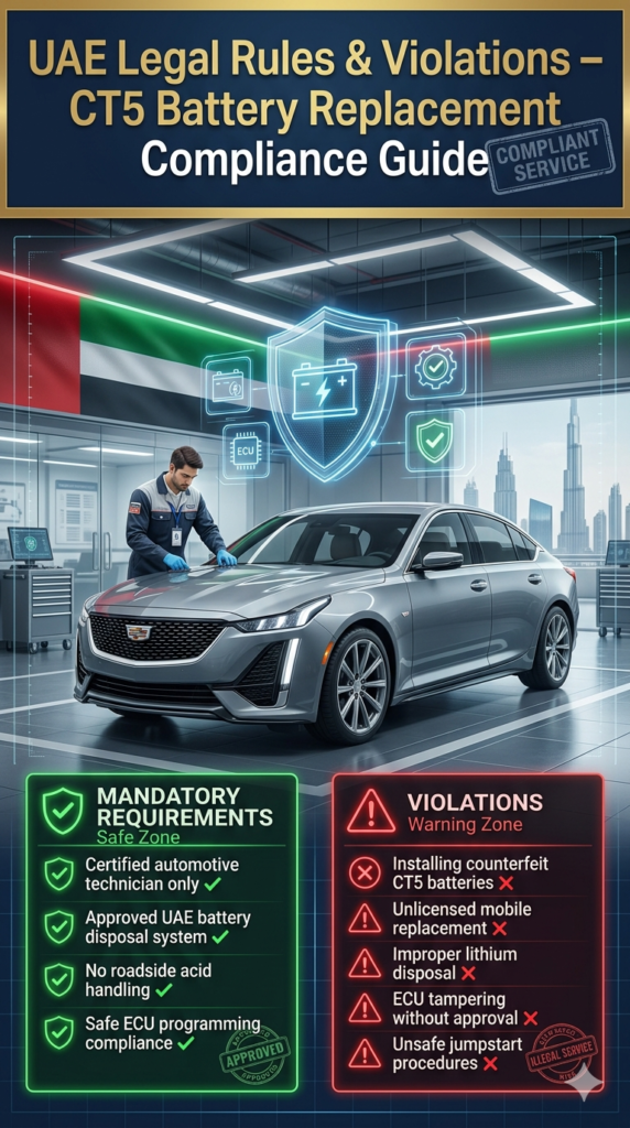 Legal compliance infographic showing UAE regulations and violations for Cadillac CT5 car battery replacement with certified technician rules and safety warnings.