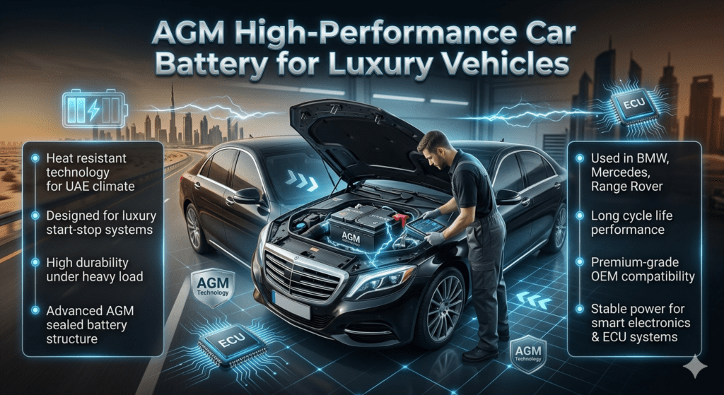 Luxury BMW car with AGM high-performance battery installation in UAE workshop showing technician replacing battery with ECU diagnostic system connected.