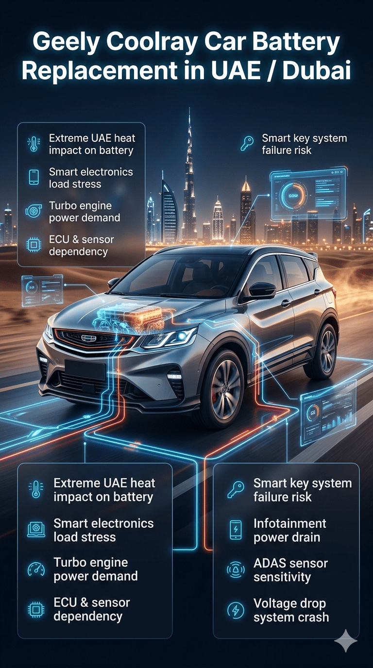 Geely Coolray SUV infographic showing car battery replacement importance in UAE and Dubai with extreme heat impact, smart electronics system load, ECU dependency, and battery failure risks highlighted in a futuristic automotive design.