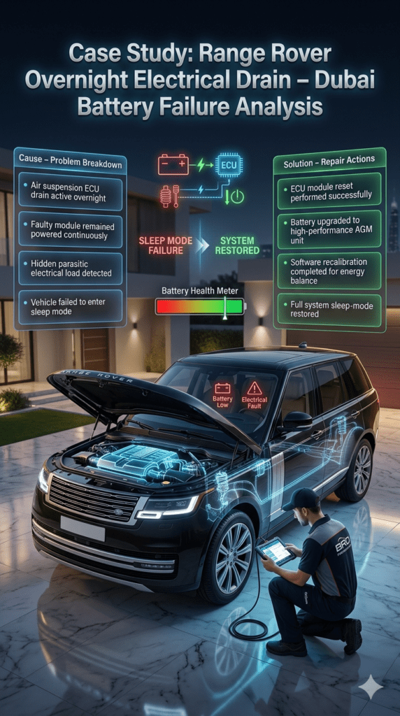 Range Rover overnight battery drain case study in Dubai showing ECU air suspension fault, module drain issue, and AGM battery upgrade with system reset.