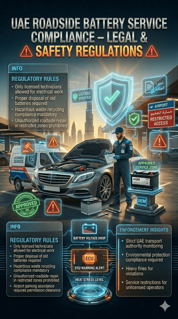 UAE roadside battery service compliance infographic showing legal regulations, licensed technicians requirement, hazardous waste disposal rules, and airport permission clearance for automotive services.