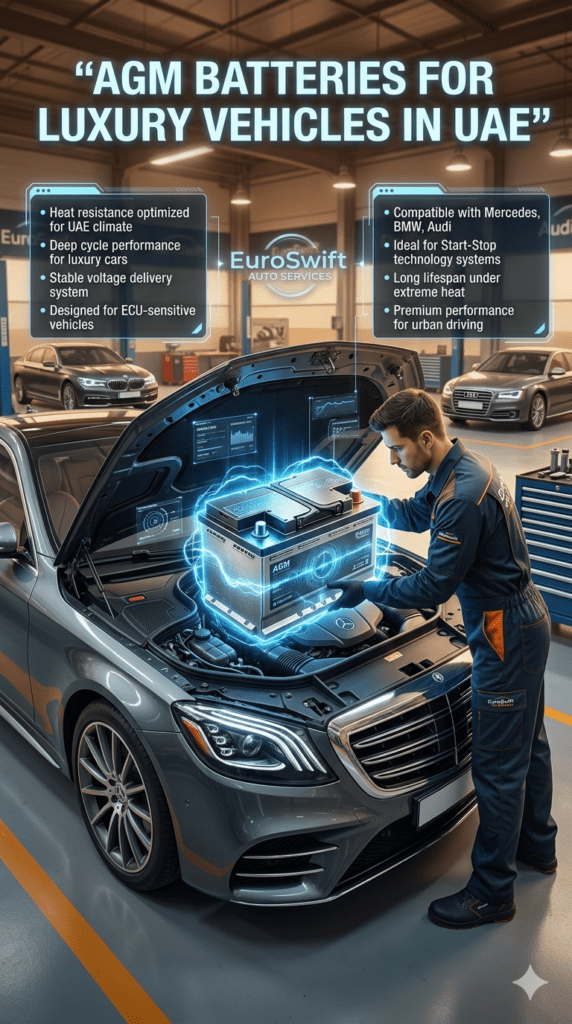 Luxury car AGM battery replacement service in UAE showing technician installing premium AGM battery with ECU-compatible system and infographic-style features for heat resistance and luxury vehicles.