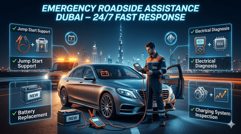 Emergency roadside assistance service in Dubai showing technician providing jump start support, battery replacement, electrical diagnosis, and charging system inspection for a stranded vehicle in urban UAE environment.