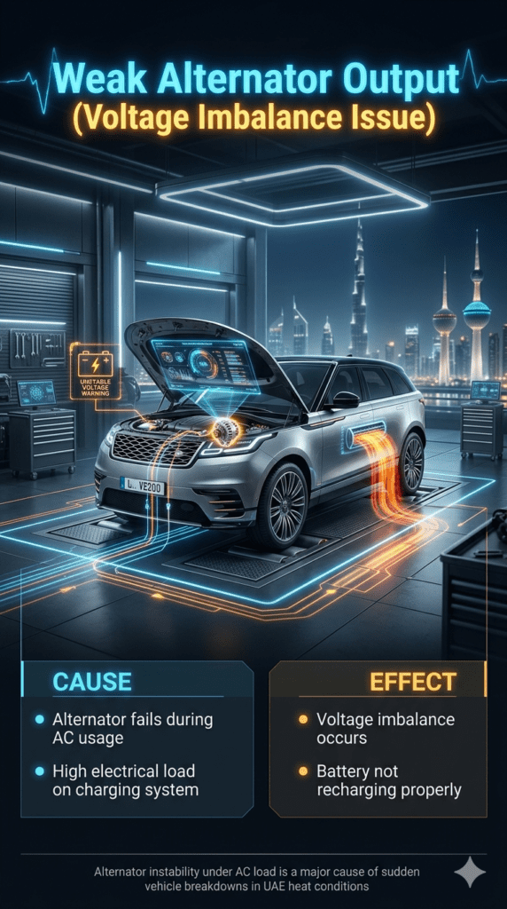 Luxury Dubai automotive infographic showing weak alternator output causing voltage imbalance with futuristic HUD diagnostics, battery warning, and premium vehicle engine visualization.