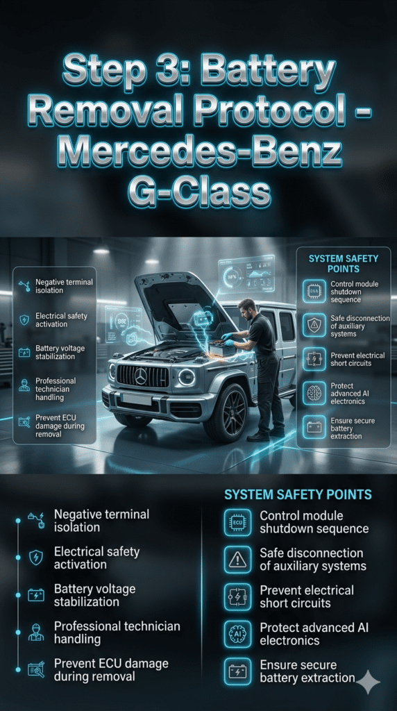 Luxury automotive infographic showing Mercedes-Benz G-Class battery removal process with technician, diagnostic holograms, and safety protocol steps displayed in futuristic Dubai workshop.