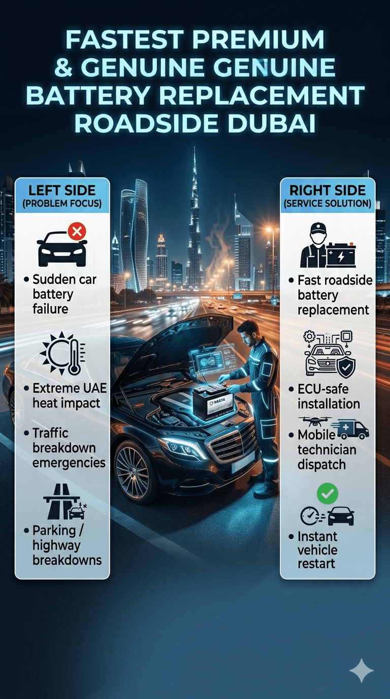 Luxury roadside car battery replacement service in Dubai showing technician replacing a dead car battery in a premium vehicle with Dubai skyline background and emergency mobile assistance.