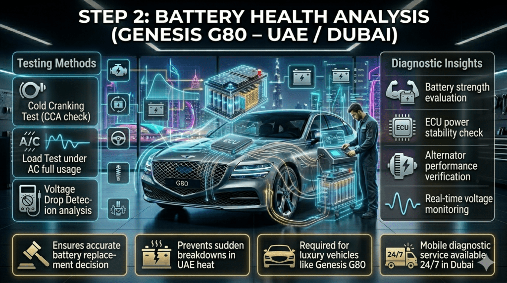 Battery Health Analysis for Genesis G80 UAE Dubai – Cold Cranking, Load Test & Voltage Check Automotive diagnostic infographic showing battery health analysis for Genesis G80 in UAE Dubai including cold cranking test, load test under AC usage, and voltage drop detection.