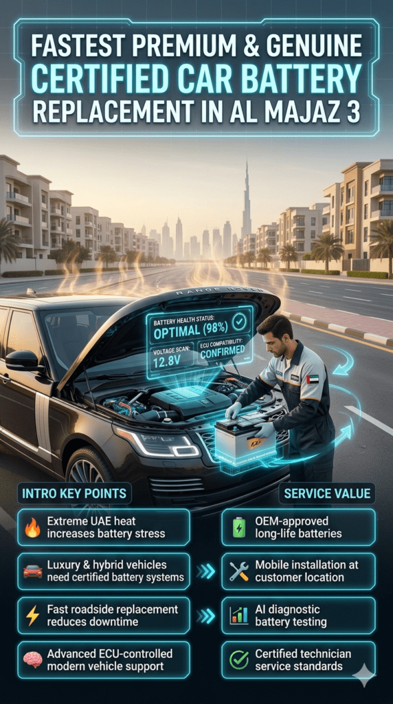Luxury infographic showing Fastest Premium & Genuine Certified Car Battery Replacement in Al Majaz 3 with certified technician, luxury car battery installation, and AI diagnostic system.