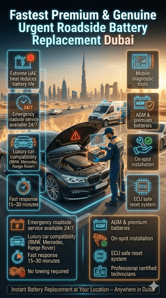 Luxury roadside battery replacement service in Dubai showing technician replacing a car battery with Dubai skyline background, highlighting emergency mobile support for luxury vehicles in extreme heat conditions.
