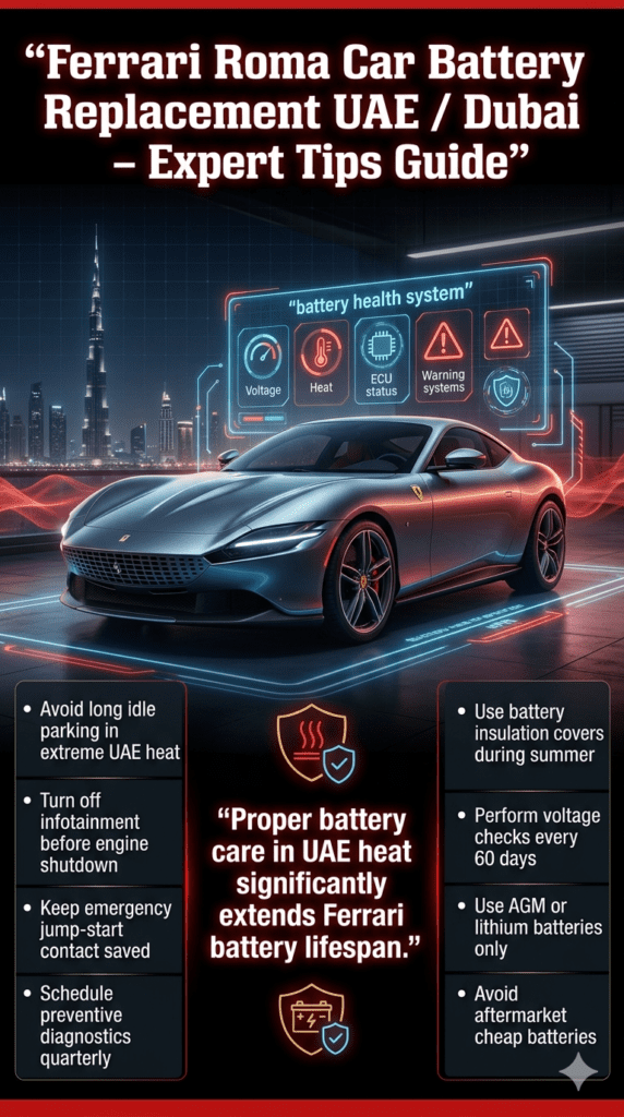 Ferrari Roma in a futuristic Dubai garage with holographic battery care tips, showing maintenance advice and AI diagnostic overlays for car battery replacement in UAE heat conditions.