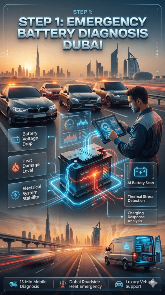 Luxury Dubai roadside emergency infographic showing step 1 emergency diagnosis with battery voltage drop, heat damage level, and electrical system stability evaluation.