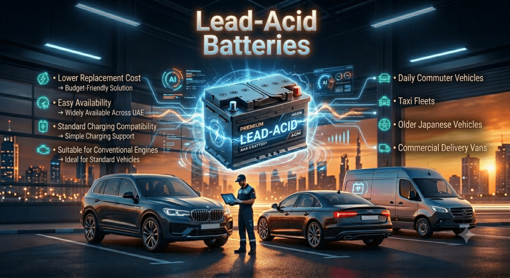 Premium futuristic lead-acid car battery infographic showing affordable automotive battery solutions for sedans, taxis, and delivery vehicles in Dubai.